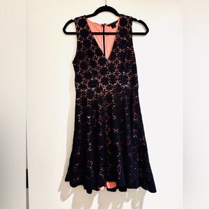 -French connection size 4 blue sleeveless embroidered dress with pink underlay